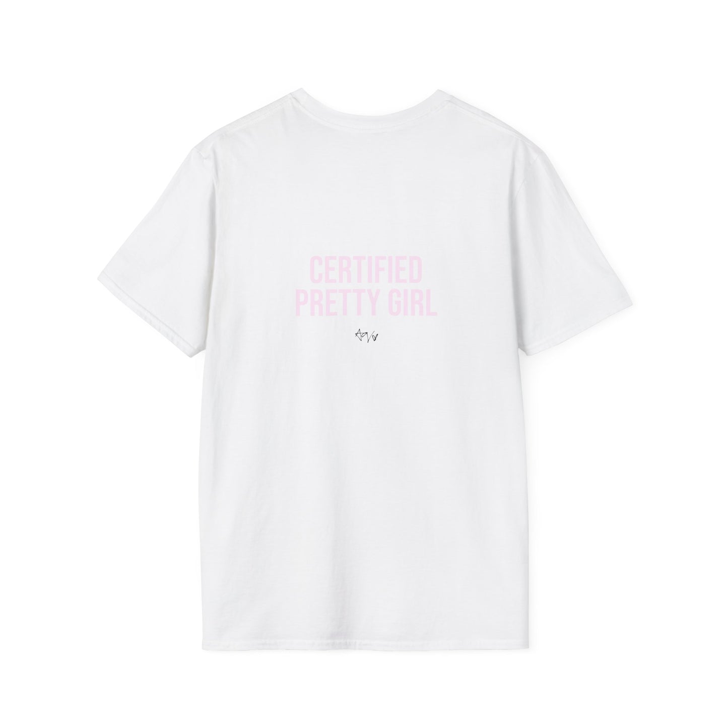 White t-shirt with 'Certified Pretty Girl' text in pink on a white background