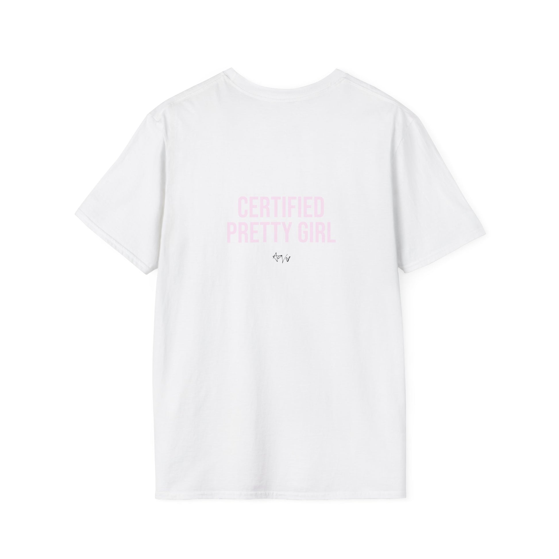 White t-shirt with 'Certified Pretty Girl' text in pink on a white background