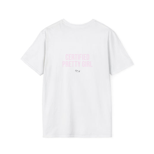 White t-shirt with 'Certified Pretty Girl' text in pink on a white background