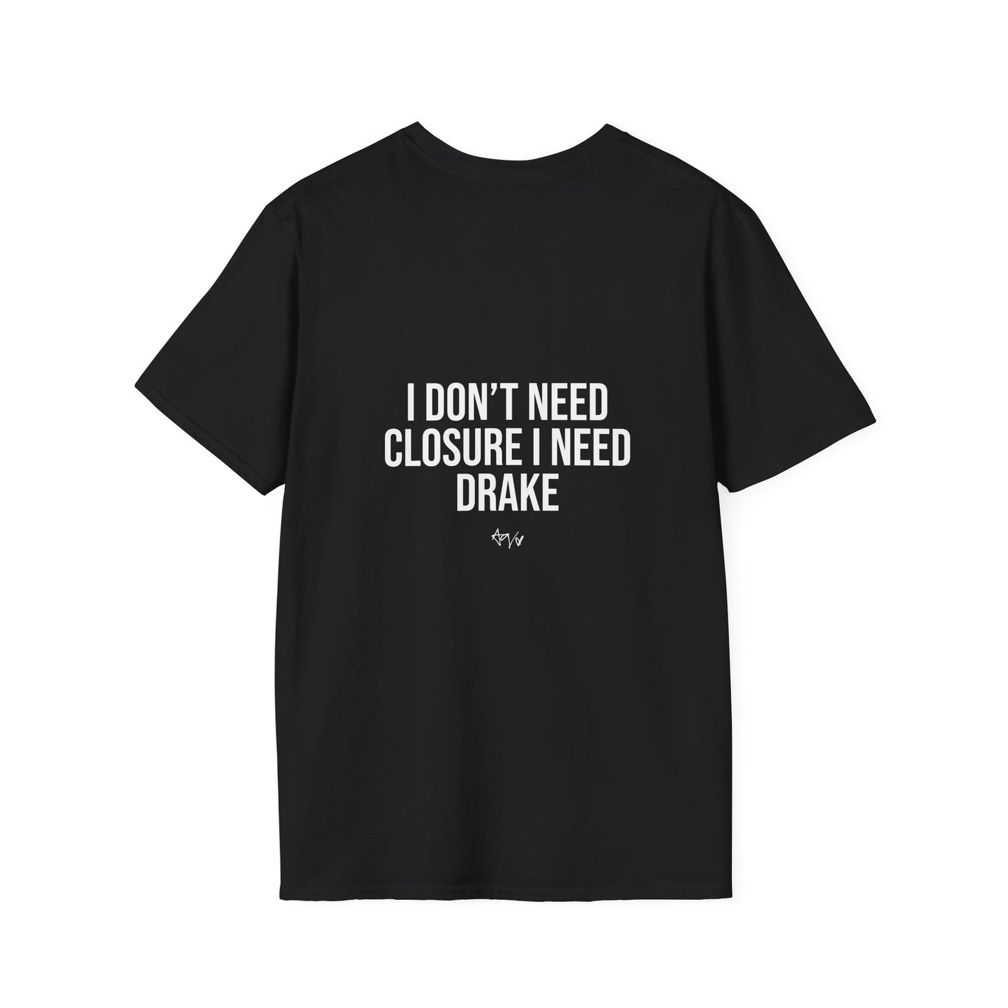 Black t-shirt with '#JustaStory' text on a white background