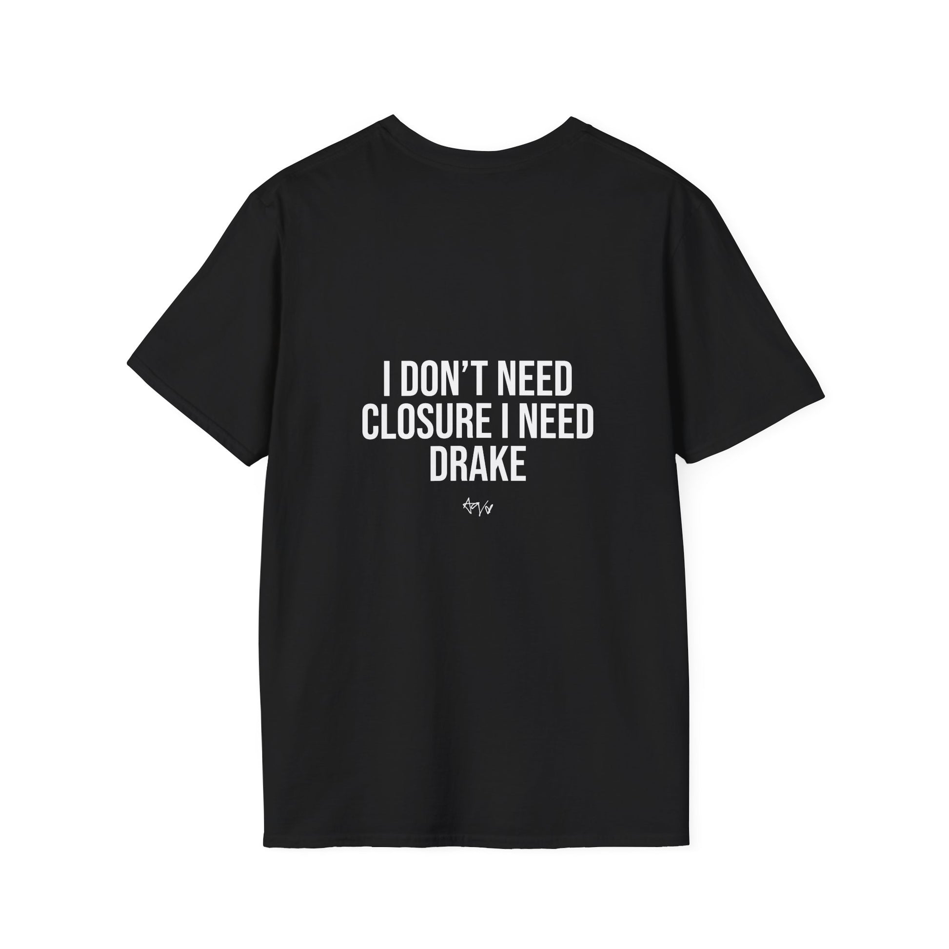 Black t-shirt with '#JustaStory' text on a white background