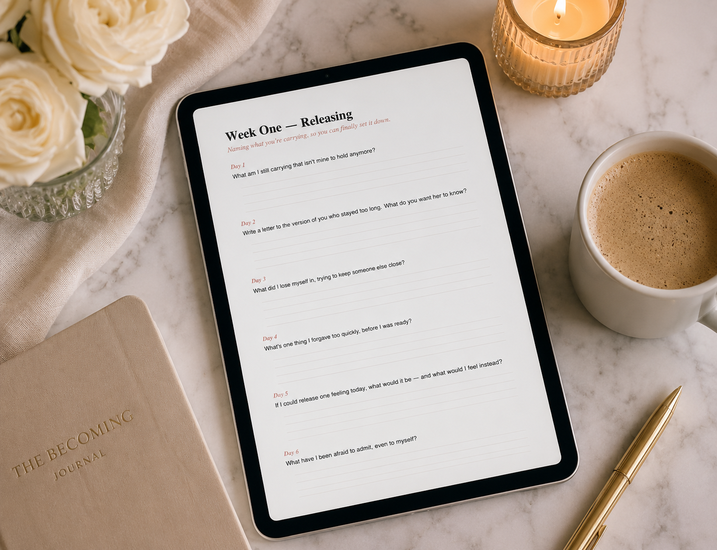 The Becoming Journal 28-day digital healing and self-love journal for women displayed on an iPad with guided journaling prompts